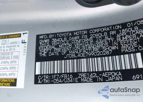 2009 Toyota Corolla Le из США, поврежденный, VIN JTDBL40E799020287